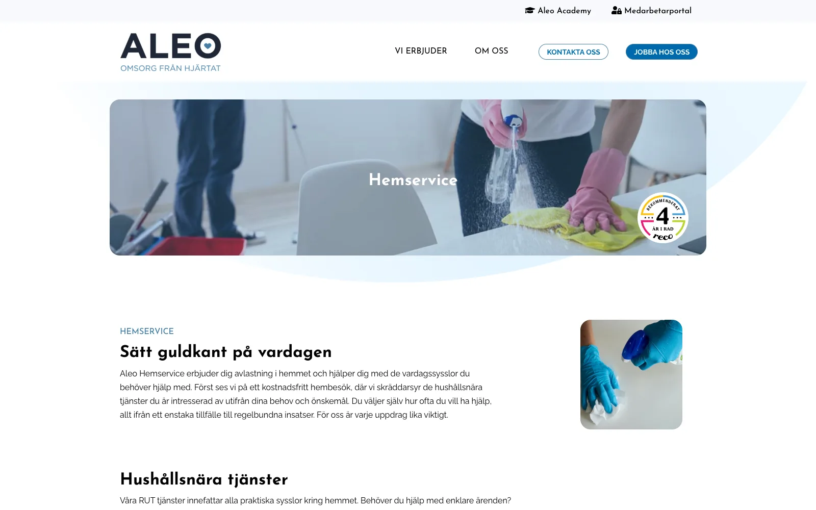Tjänstesidan för Aleo hemservice