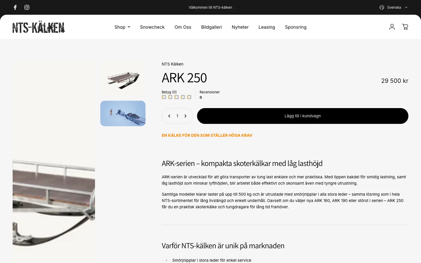 Produktsidan för modellen ARK 250