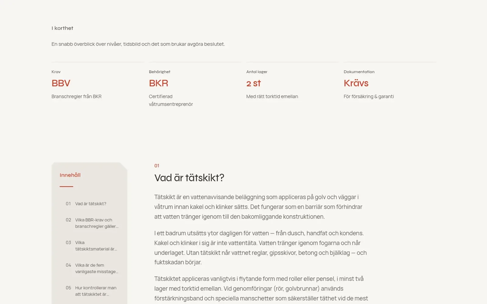 Kunskapsartikeln om tätskikt i badrum med faktaraden i korthet, innehållsförteckning och frågerubriken vad är tätskikt