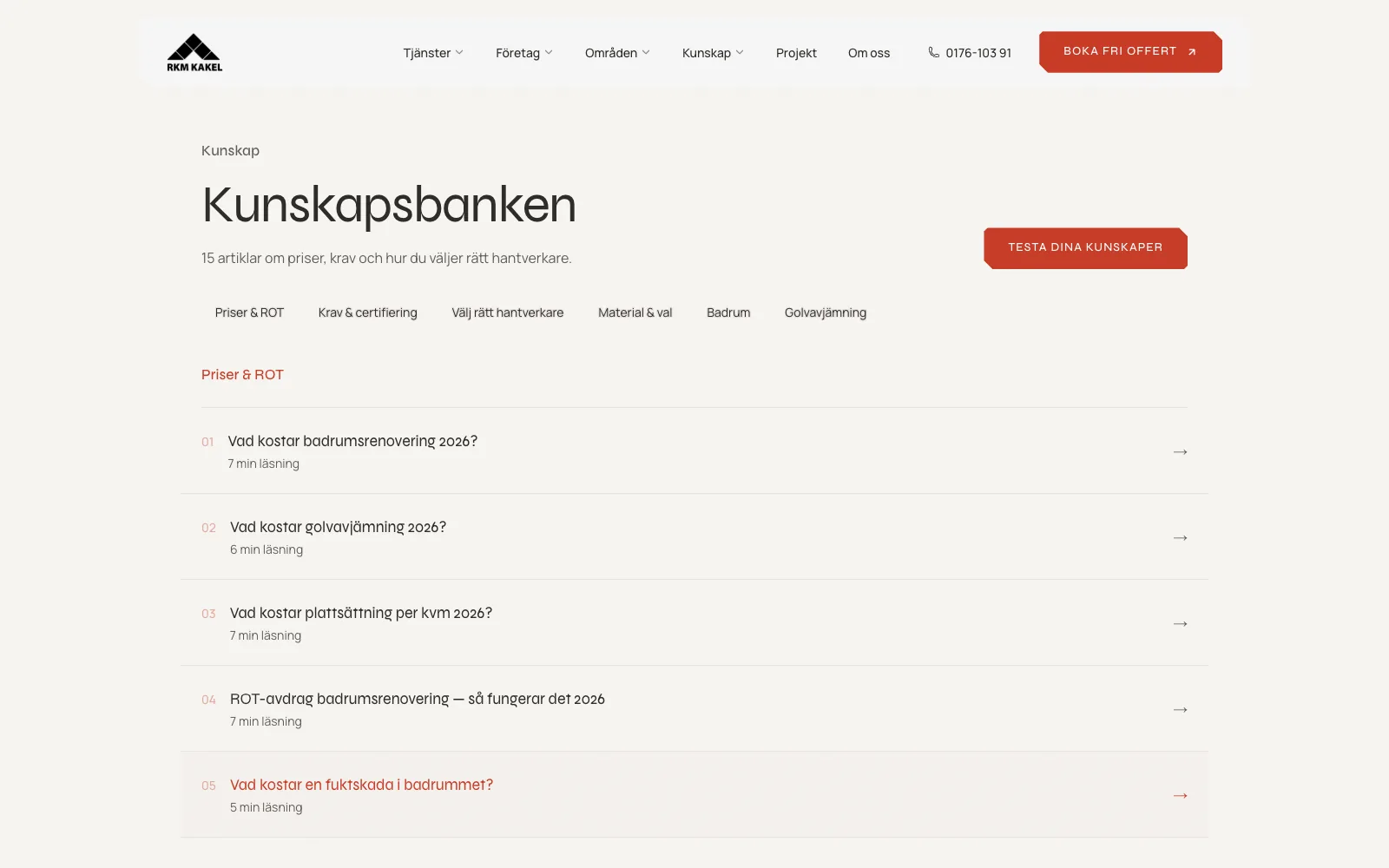 Kunskapsbanken med guider om pris, tätskikt och ROT