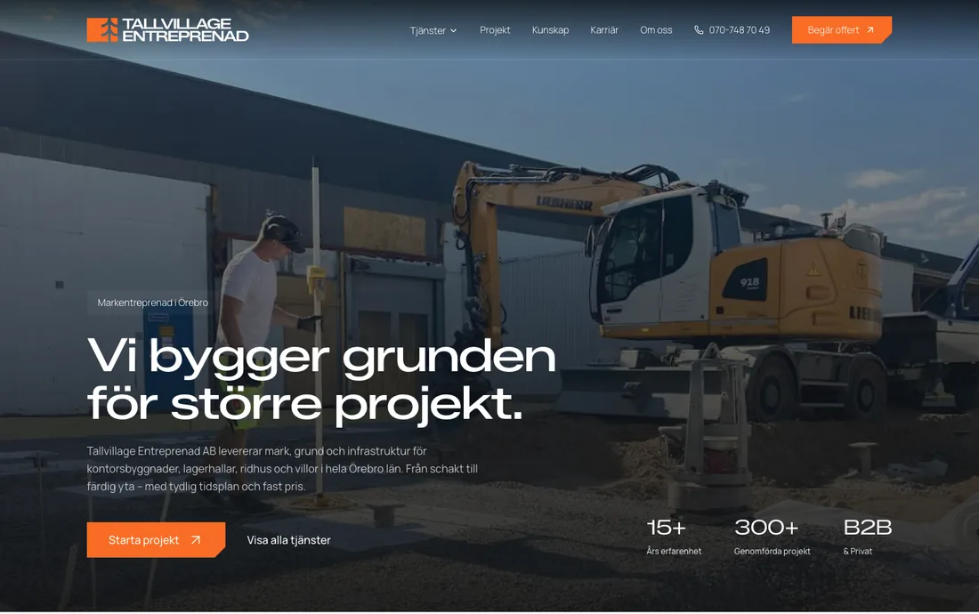 Startsidans hero på tallvillageentreprenad.se