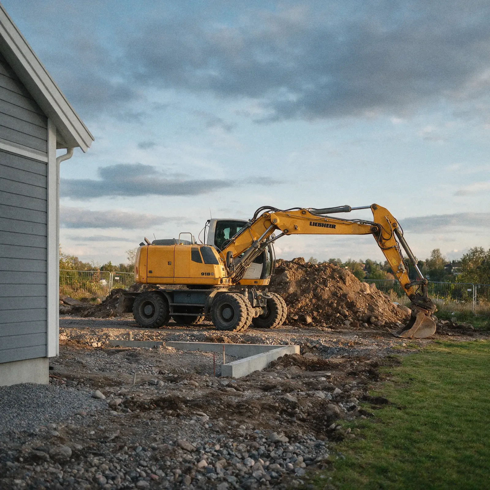 Liebherr 918C på plats vid en gjuten husgrund