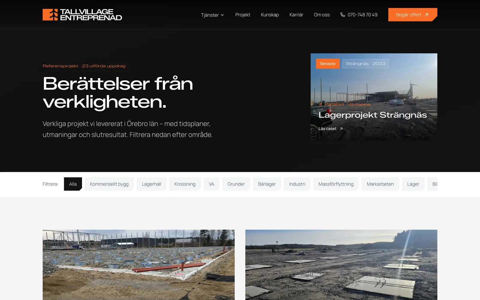 Projektöversikten på webbplatsen, filtrerbar per område